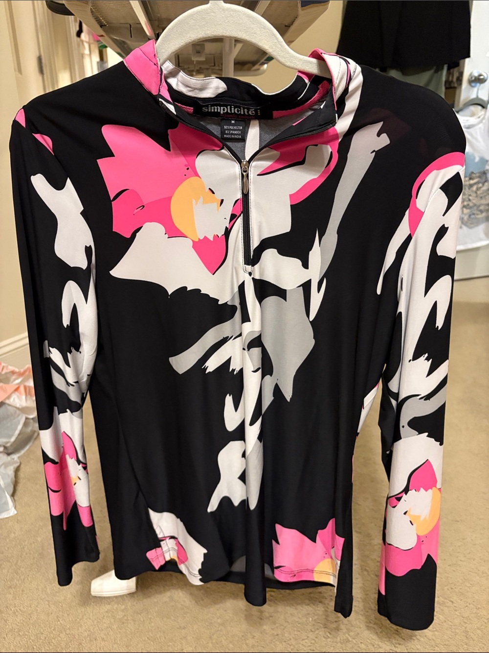 Simplicité Black Zip-Front Top with Pink, White & Yellow Floral Print